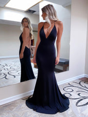 V Neck Black Mermaid Satin Prom Dresses, Black Mermaid Long Formal Evening Dresses