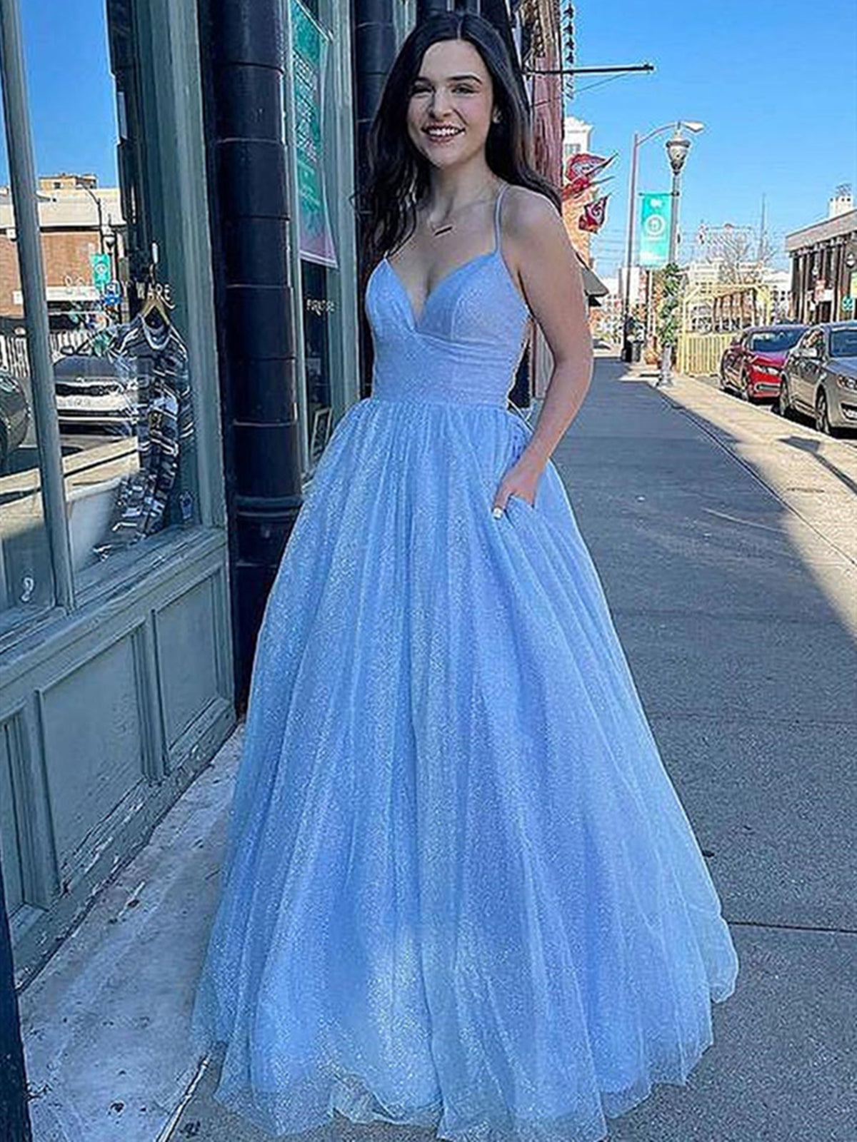 V Neck Blue Backless Long Prom Dresses, Open Back Blue Long Formal Evening Dresses
