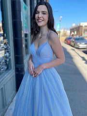 V Neck Blue Backless Long Prom Dresses, Open Back Blue Long Formal Evening Dresses