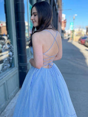V Neck Blue Backless Long Prom Dresses, Open Back Blue Long Formal Evening Dresses