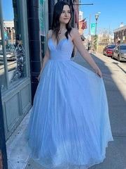 V Neck Blue Backless Long Prom Dresses, Open Back Blue Long Formal Evening Dresses