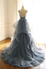 V Neck Blue Gray Lace Prom Dresses, Blue Gray Lace Formal Graduation Prom Gown