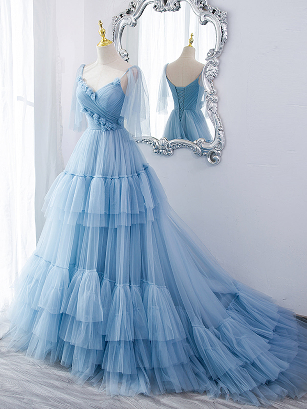 V Neck Blue Long Prom Dress with Sweep Train, V Neck Blue Long Formal Evening Dresses