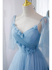 V Neck Blue Long Prom Dress with Sweep Train, V Neck Blue Long Formal Evening Dresses