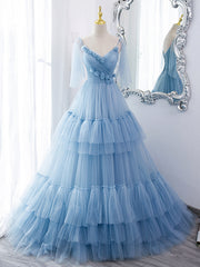 V Neck Blue Long Prom Dress with Sweep Train, V Neck Blue Long Formal Evening Dresses