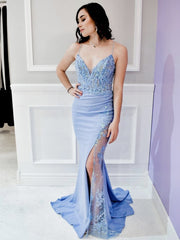 V Neck Blue Mermaid Lace Prom Dresses, Sky Blue Mermaid Lace Formal Bridesmaid Dresses