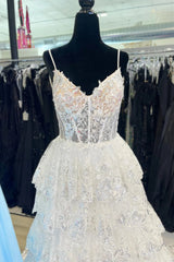 V Neck Blue White Red Layered Lace Prom Dresses, V Neck Blue White Red Lace Formal Evening Dresses