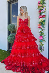 V Neck Blue White Red Layered Lace Prom Dresses, V Neck Blue White Red Lace Formal Evening Dresses