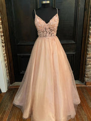 V Neck Blush Pink Long Lace Prom Dresses, V Neck Blush Pink Long Formal Evening Dress