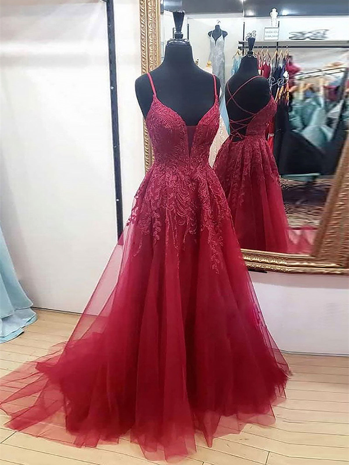 V Neck Burgundy Lace Prom Dresses Long, Wine Red V Neck Lace Long Formal Evening Dresses