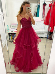 V Neck Burgundy Lace Prom Dresses, Wine Red Burgundy Lace Formal Evening Dresses