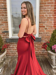 V Neck Burgundy Mermaid Long Prom Dresses, Wine Red Mermaid Long Formal Evening Dresses