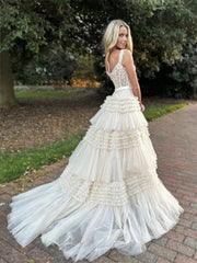 V Neck Champagne Lace Layered Long Prom Dresses with Train, Champagne Lace Formal Dresses, Champagne Evening Dresses