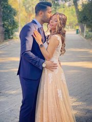 V Neck Champagne Lace Prom Bridesmaid Dresses, Champagne Lace Formal Evening Dresses