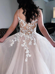 V Neck Champagne Lace Wedding Dresses, Champagne Lace Prom Formal Dresses