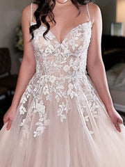 V Neck Champagne Lace Wedding Dresses, Champagne Lace Prom Formal Dresses
