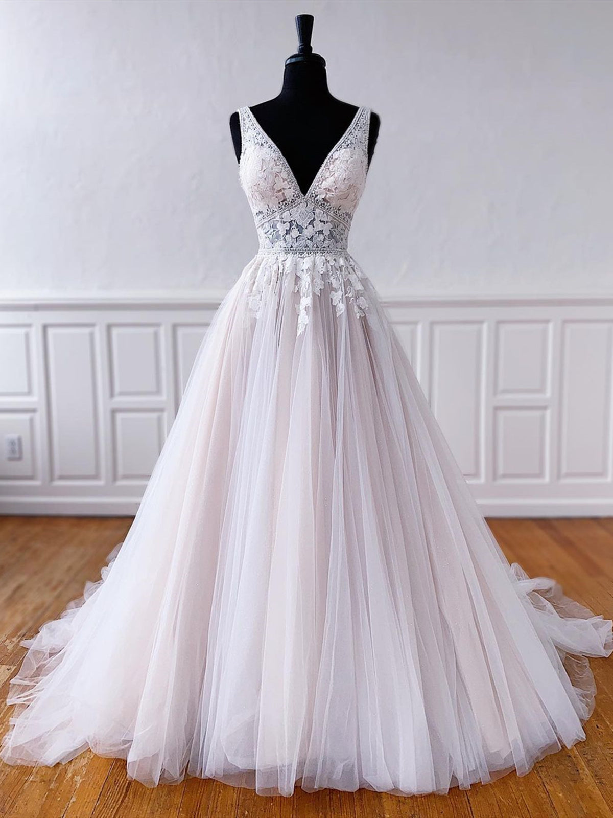 V Neck Champagne Lace Wedding Dresses, V Neck Champagne Lace Formal Prom Dresses