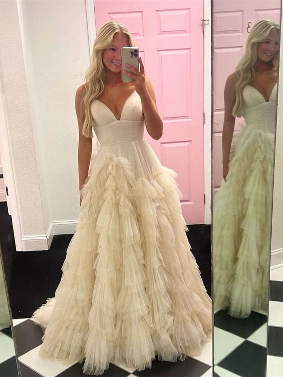 V Neck Champagne Tulle High Low Prom Dresses, Champagne High Low Tulle Formal Evening Dresses