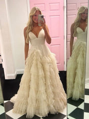V Neck Champagne Tulle High Low Prom Dresses, Champagne High Low Tulle Formal Evening Dresses