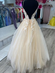 V Neck Champagne Tulle Lace Wedding Dresses, Champagne Tulle Lace Formal Prom Dresses