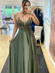 V Neck Dark Green Lace Long Prom Dresses, Dark Green Long Lace Formal Evening Dresses