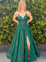 V Neck Dark Green Lace Prom Dresses, Dark Green Long Lace Formal Evening Dresses