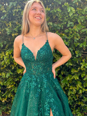 V Neck Dark Green Lace Prom Dresses, Dark Green Long Lace Formal Evening Dresses