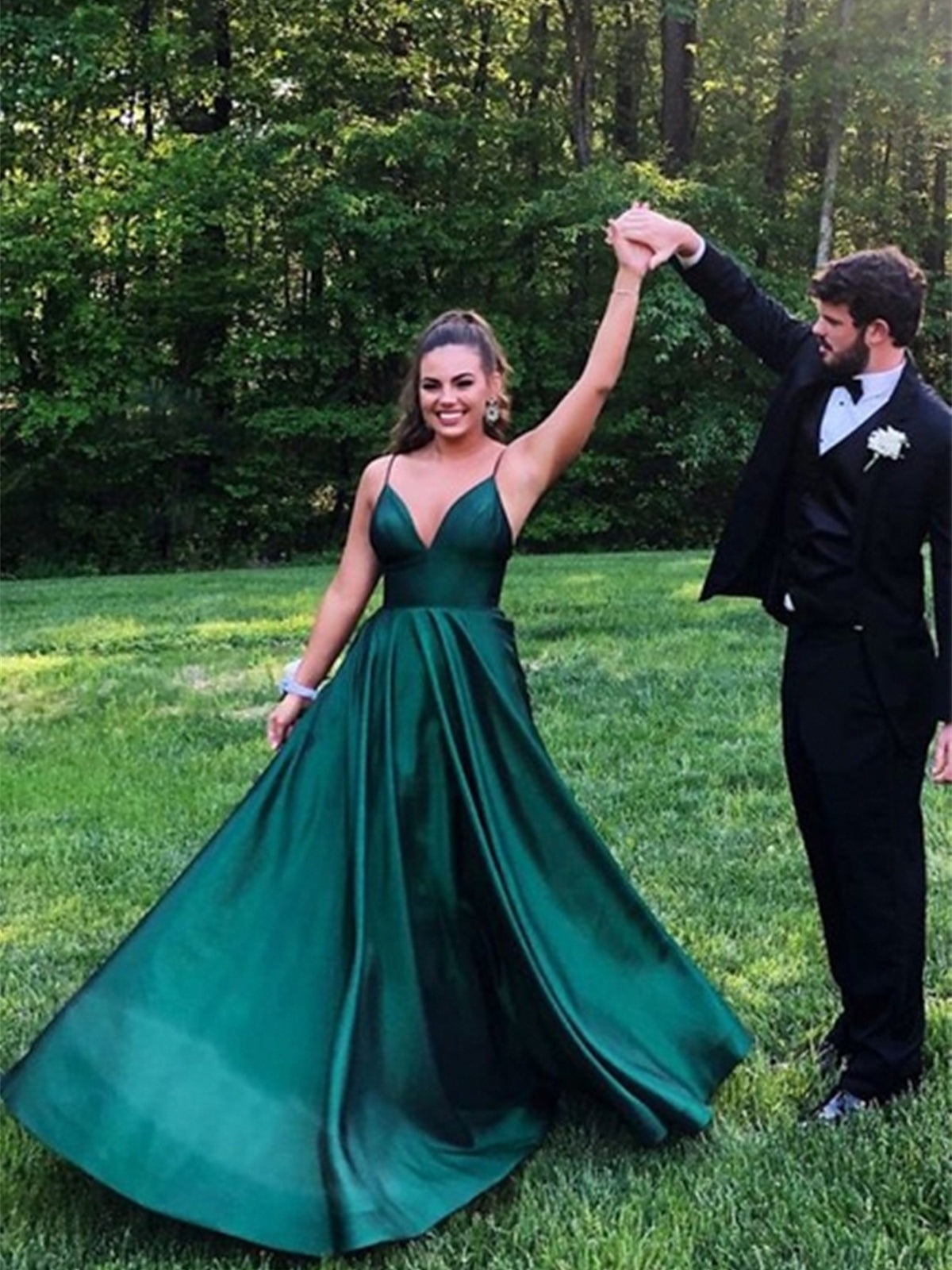 V Neck Dark Green Long Prom Dresses, Dark Green V Neck Long Formal Graduation Dresses