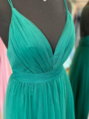 V Neck Dark Green Tulle Long Prom Dresses, V Neck Green Tulle Long Formal Evening Dresses