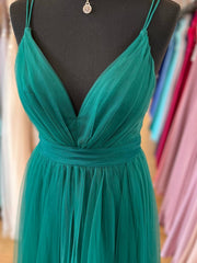 V Neck Dark Green Tulle Long Prom Dresses, V Neck Green Tulle Long Formal Evening Dresses