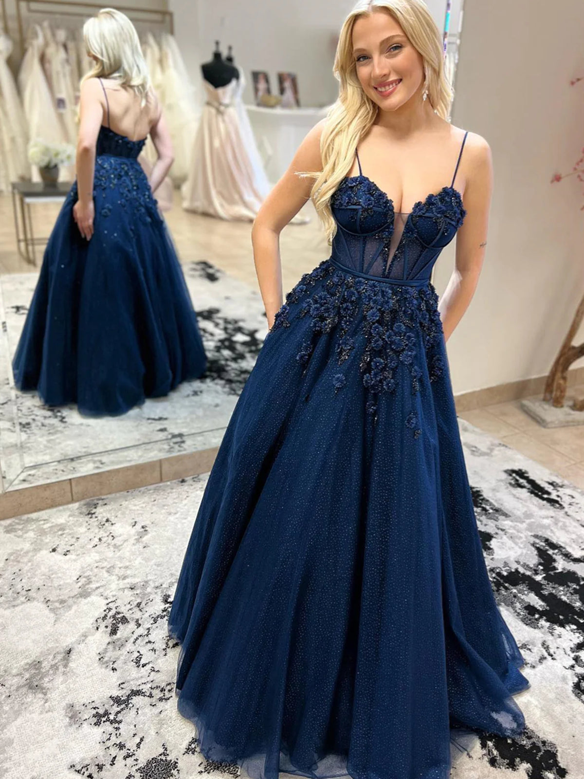 V Neck Dark Navy Blue Floral Long Prom Dresses, Dark Blue Lace Formal Evening Dresses