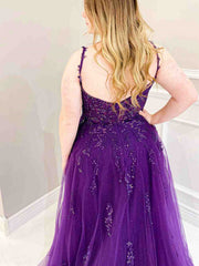V Neck Dark Purple Long Lace Prom Dresses, V Neck Purple Long Lace Formal Evening Dresses