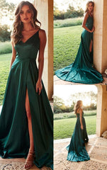 V Neck Emerald Green Prom Dress with Train, V Neck Dark Green Formal Graduation Dresses