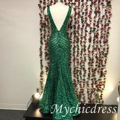 V Neck Emerald Green mermaid Sequin Prom Dresses Long Evening Dress