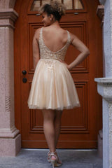 V Neck Gold Lace Short Prom Dress, Gold Lace Homecoming Dress, Short Gold Formal Evening Dress WT1975