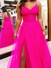 V Neck Hot Pink Royal Blue Long Prom Dresses, Hot Pink Royal Blue Long Formal Evening Dresses
