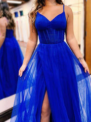 V Neck Hot Pink Royal Blue Long Prom Dresses, Hot Pink Royal Blue Long Formal Evening Dresses