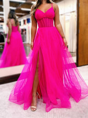 V Neck Hot Pink Royal Blue Long Prom Dresses, Hot Pink Royal Blue Long Formal Evening Dresses