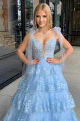 V Neck Layered Light Blue Lace Long Prom Dress, Light Blue Lace Formal Evening Dress, Light Blue Ball Gown A2032