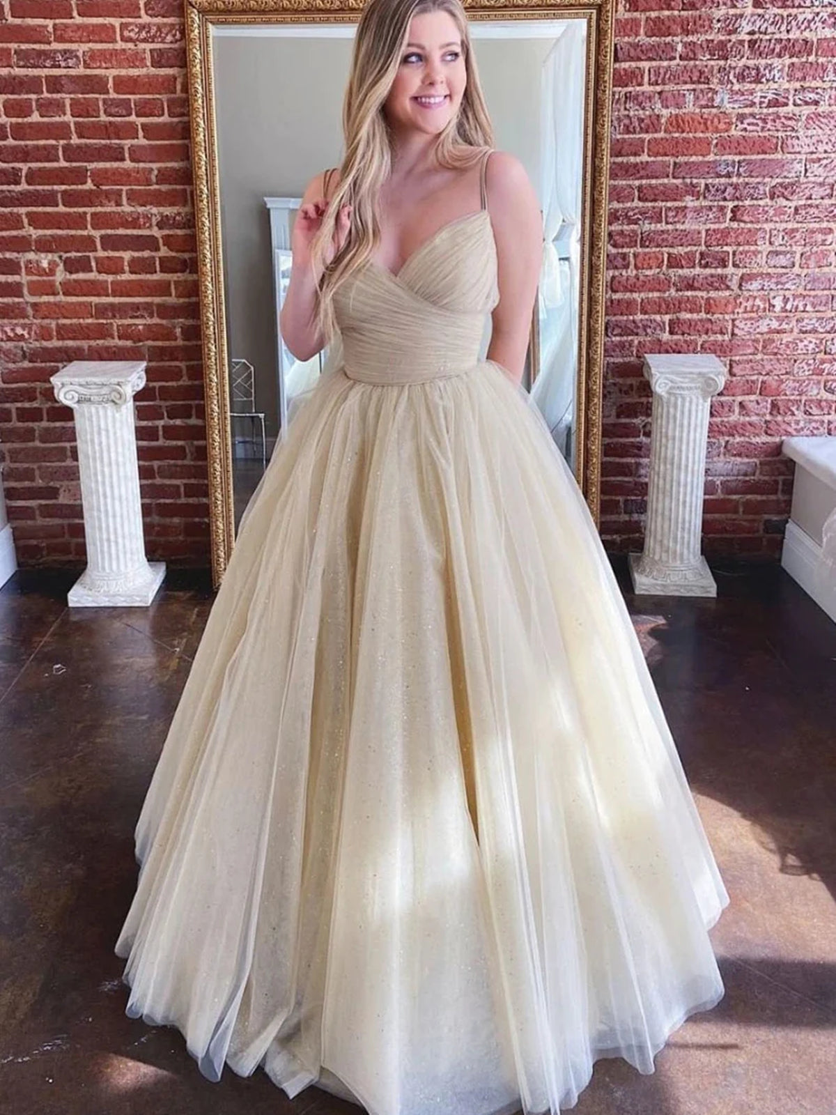 V Neck Long Champagne Tulle Prom Dresses, Long Champagne Tulle Formal Evening Dresses