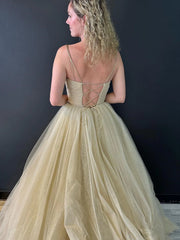 V Neck Long Champagne Tulle Prom Dresses, Long Champagne Tulle Formal Evening Dresses