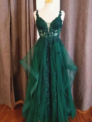 V Neck Long Green Lace Prom Dresses, V Neck Long Green Lace Formal Evening Dresses