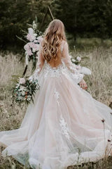 A-line V Neck Long Sleeve Rustic Wedding Gown Wedding Dress
