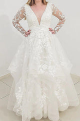 V Neck Long Sleeves White Lace Tulle Prom Dress, Layered White Lace Wedding Dress, White Formal Evening Dress A1707