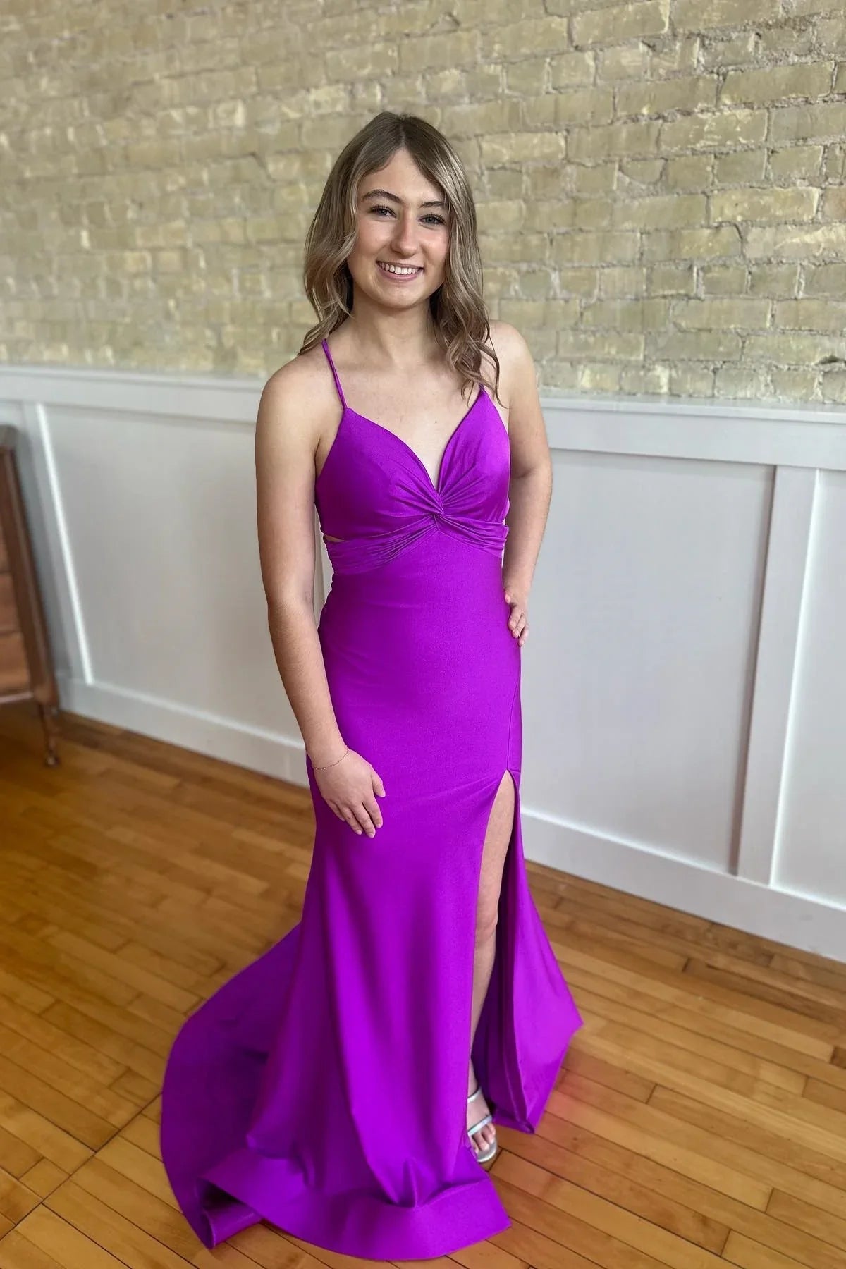 V Neck Mermaid Backless Purple Satin Long Prom Dress with High Slit, Mermaid Purple Formal Dress, Purple Evening Dress