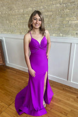 V Neck Mermaid Backless Purple Satin Long Prom Dress with High Slit, Mermaid Purple Formal Dress, Purple Evening Dress