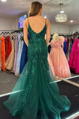 V Neck Mermaid Green Lace Long Prom Dress, Mermaid Green Formal Dress, Green Lace Evening Dress A2376