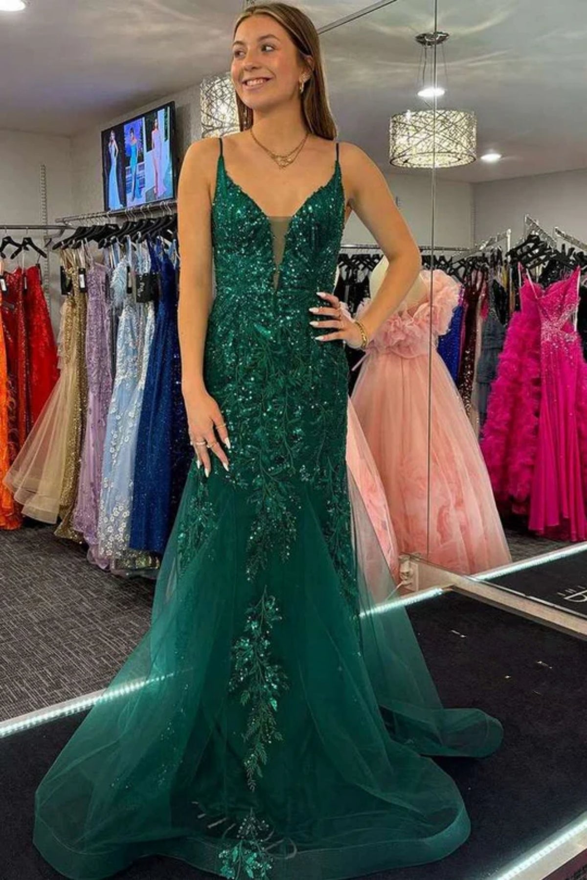 V Neck Mermaid Green Lace Long Prom Dress, Mermaid Green Formal Dress, Green Lace Evening Dress A2376