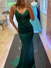 V Neck Mermaid Green Lace Prom Dresses, Green Lace Mermaid Formal Graduation Dresses