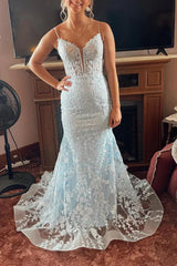 V Neck Mermaid Light Blue Lace Long Prom Dress with Train, Light Blue Lace Formal Dress, Light Blue Evening Dress A2371